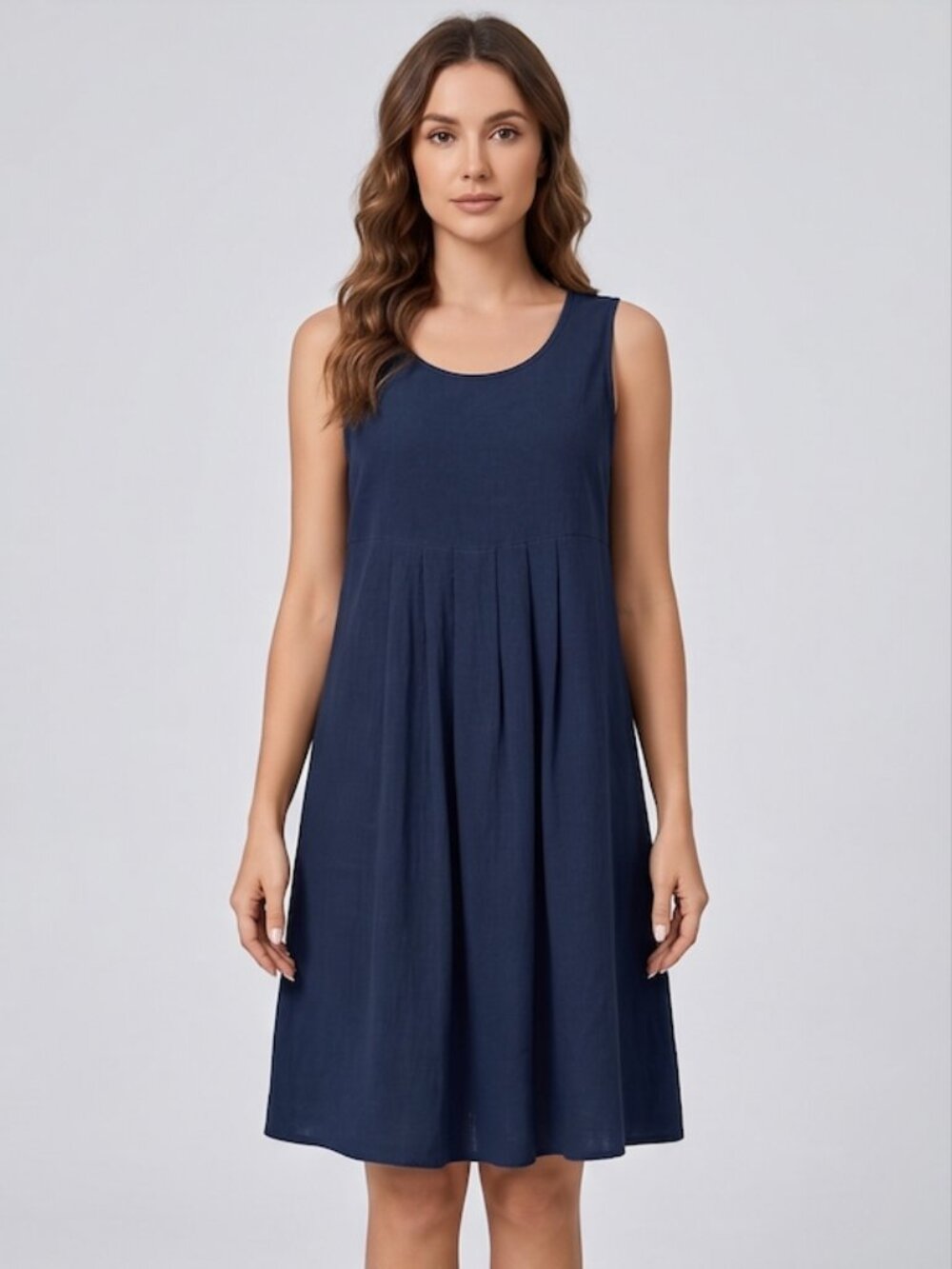 100% Cotton Pleated Front Sleeveless Shift Dress Blue
